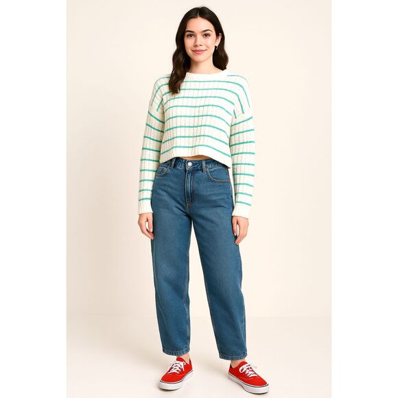 Self Esteem White & Teal Striped Cropped Sweater Vintage Style S Oversize - Picture 1 of 6